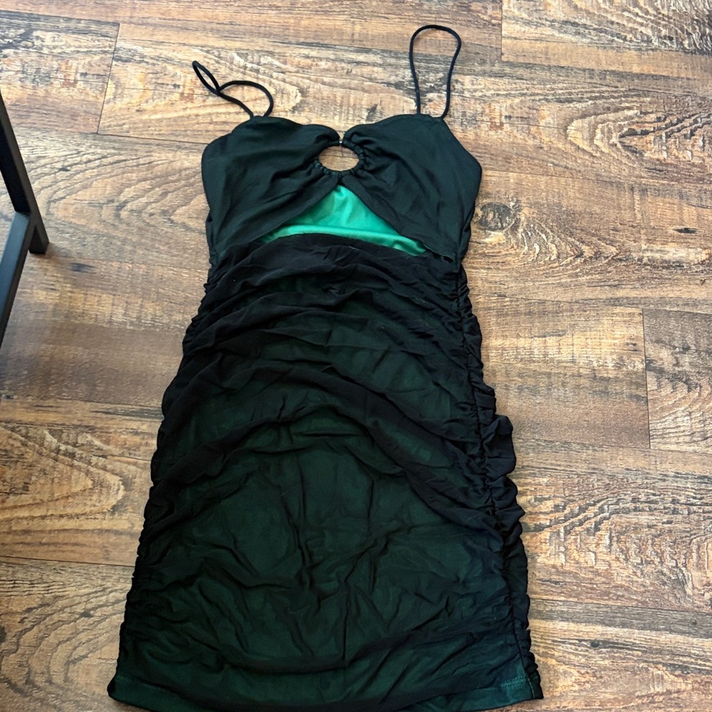 SHEIN Black Ruched Spaghetti Strap Mini Dress with Green Lining